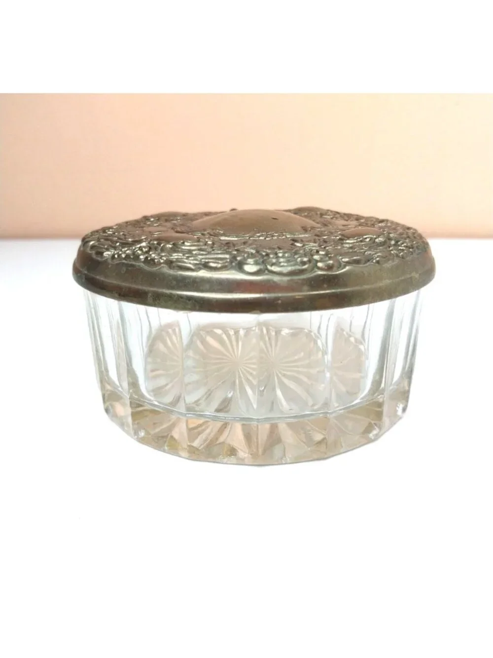 Vintage Glass Powder Jar With Ornate Brass Lid Trinket Box Vanity Storage